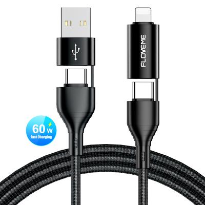 China Free Shipping Strong Durable Nylon Braided Cable 1 Sample OK FLOVEME Type C To Type C PD 60W High Power 4 In 1 PD Fast Charger Data Cable Charging Cable For iPhone for sale