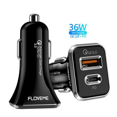 China Free Car Mobile Phone Charger Shipping 1 Sample OK FLOVEME 36W PD Car Charger Dual USB Ports USB C Car Charger Fast Charging Custom Accept for sale