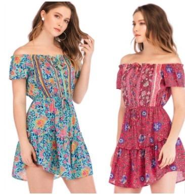 China New Style Off-Shoulder Printing Dress Summer Anti-Static Elegant Bohemian Casual Dress Ladies Sexy Ladies Dress for sale