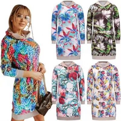 China Women Anti-Static Clothing For Autumn And Winter Long Sleeve Fleece Hooded Ladies Casual Printed Dress for sale