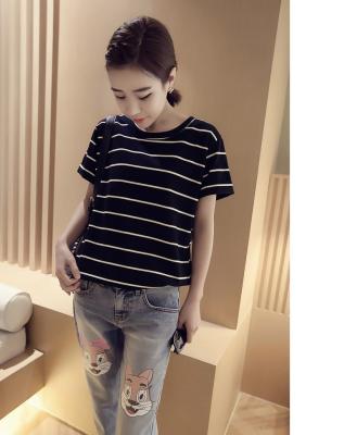 China 2021 Summer New Korean Loose Stripe Regular Wholesale Short Sleeve T-shirt Women's Top Based Shirt for sale