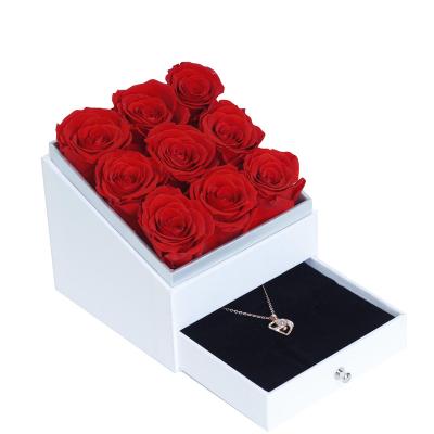 China Real Romantic Preserved Rose 2023 9 Hot Preserved Roses in Acrylic Place Jewelry Box Gift for Dates Christmas New Year Eternal Flower New Forever True for sale