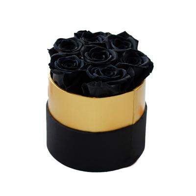 China Gift decoration flowers date Christmas new year gift gold trim round box with 7 forever immortal eternal preserved roses for sale