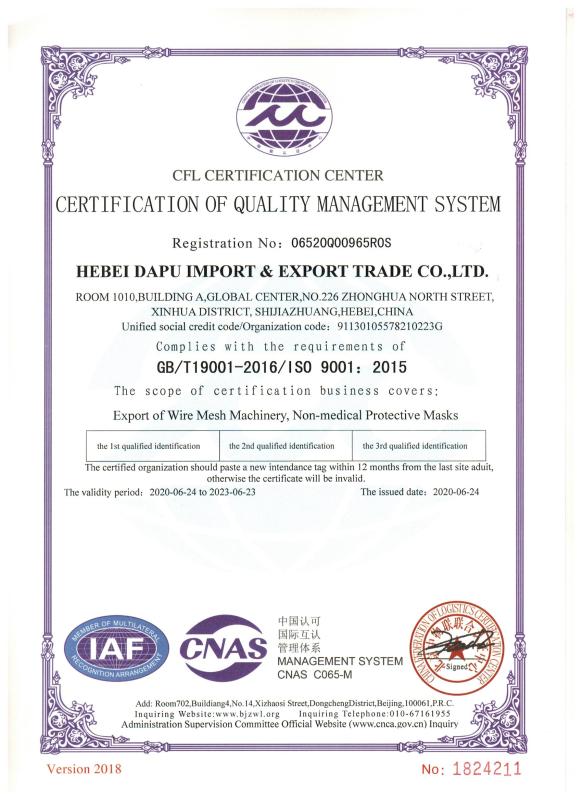 ISO9001 - Hebei Dapu Import & Export Trade Co., Ltd.