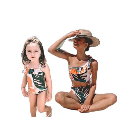 China QUICK DRY Swimwear Family Matching One Shoulder Swimsuits 2021 Leaf Print Swimwear Summer Girl Beach Wear Small Swimsuits for sale