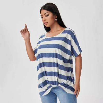 China High Cost Performance Breathable OEM Plus Striped Scoop Neck T-shirt Women Striped Oversized T Shirt for sale