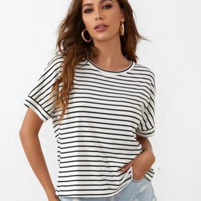 China Factory Direct Casual Women's Short Sleeve T-Shirt Breathable Stripe Cotton Tops Casual Ladies Stripe Loose O-Neck T-Shirt for sale