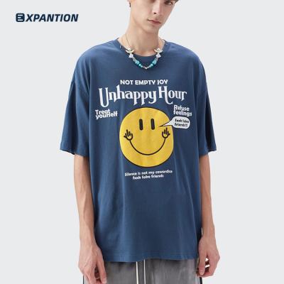 China OEM Drop Hop Anti-Wrinkle EXP EXP Summer Cotton Hip Cotton Graphic Tees Custom Made Stylish Off Shoulder Men's Oversize Smile Prints for sale