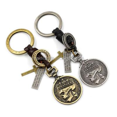 China Promotion gifts gold silver metal antique disc and so on embossed logo charm cross metal leather key chain for sale