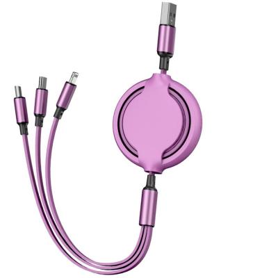 China New Design MP3/MP4 Player Data Sync Fast Charging 3ft Purple 3 in 1 USB Retractable Cable for Android/Type-C/Phone for sale