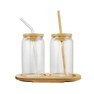 China Wholesale Reusable Can Shape Can Shape 350ml Clear Glass Cup With Bamboo Lid And Straw for sale