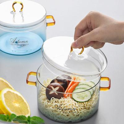 China Large Size Transparent Clear Gradient Pyrex Stocked Blue Glass Cooking Pot With Double Ear Handle for sale