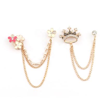 China 2021 Latest Crystal Fashion Luxury Lapel Pin Women Flowers Color Pearl Enamel Chain Brooch for sale