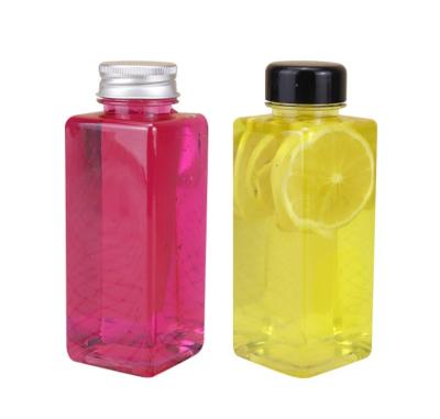 China Cheap Food Grade 8Oz 16Oz 250ml 450Ml 650Ml Transparent Flat Square Pet Fruit Juice Bottle With Plastic Aluminum Screw Cap Lids for sale