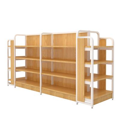 China Hot-selling Supermarket Double-Sided Wood Shelf Steel Wood Grain Combined Grocery Retail Rack Display Store Shelves Double Side Single Side for sale