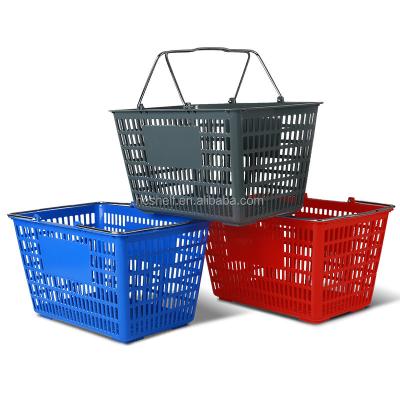 China Plastic Hand-carrying Carry Basket Hand Baskets Store Supermarket Accessory Shopping Basket With Two Metal Handle for sale