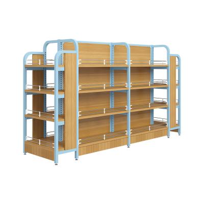 China Double Sided Display Rack For Fast Food Restaurants With Storage Scattered Snack Shop Rack Wooden Shelves For Snacks Supermarket Shelf for sale