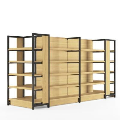 China New Design Supermarket Product Innovative Retail Store Display Wooden Wall Mounted Shelf Double Sided for sale