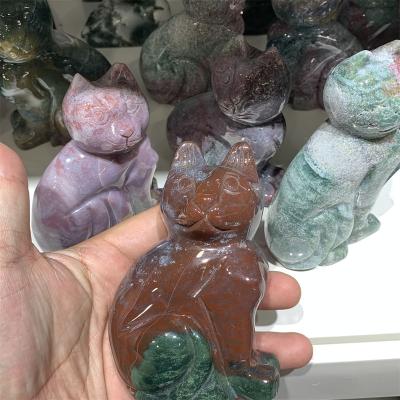 China Wholesale High Quality Ocean Jasper Carving Animal Carving Cat from Europe for Decoration for sale