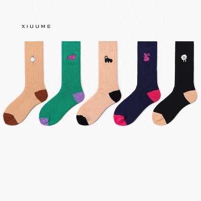 China Customized wholesale new antibacterial plain cotton unisex blend color school cute animal embroidered socks for sale