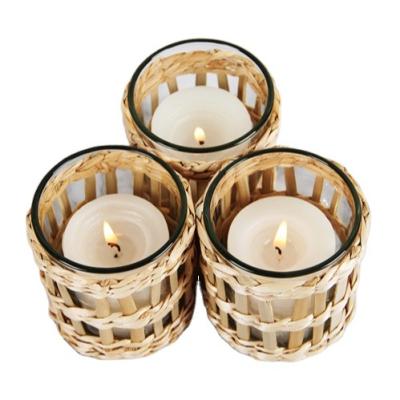 China Wholesale High Quality Handmade Viable Weave Candle Angustifolia Typha Rattan Glass Cup Holder for sale