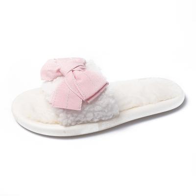 China Cushioning Women's Bow White Pink Slippers Plush Slippers Ladies Winter Slippers For Girls for sale