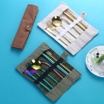 China Travel Viable Hot Selling Tableware Set Portable Flatware Sets Knife Fork Spoon Straws With Canvas Bag for sale