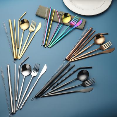 China Travel Sustainable Cutlery Set Portable Colorful Flatware Set Knife Fork Spoon Straws With Canvas Bag for sale