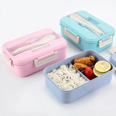 China Biodegradable Plastic Straw Lunch Box Portable Microwave Oven Wheat Bento Box Leakproof Eco-friendly Freshness Preservation with Spoon Chopsticks for sale