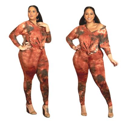 China Fat Charming QUICK DRY Women Fashion Tie Dye Long Sheath Deep-V Neck With Pants Plus Size Suit for sale