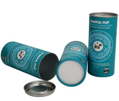 China Recycled Materials Recycled Materials Bottom Rim Tube Puppy Health Pet Food Custom Printed Rolled Paper Boxes With Silver Tin Lid And Aluminum Foil Coating for sale