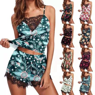 China Hot Sale QUICK DRY Ladies Sexy Lace Trim Lingerie Fashion Floral Print Camisoles And Shorts Pj Silk Pajamas Set For Women for sale