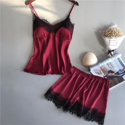 China 2022 Summer QUICK DRY sexy ladies 2 PCs lace up lingerie camis with chest pad lightly shorts silk pajamas for women for sale