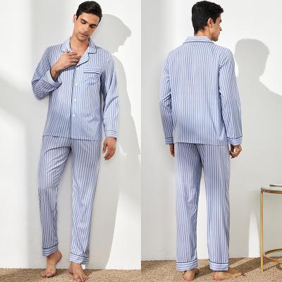 China Hot Sale 2 Pcs Breathable Men's Long Sleeve Homewear Vertical Stripe Silk Home Suit Pajamas Set For Men for sale