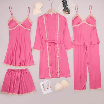 China Hot Selling Breathable Solid Color Satin Nightgown With Chest Protector Attractive 5 Pcs Sensitive Bridesmaids Women's Pajamas Sets for sale