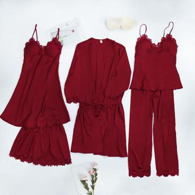 China 5pcs High Quality Satin Breathable Lace Up Womens Nightgown With Chest Pad Sexy V-Neck Womens Pajamas Sets for sale