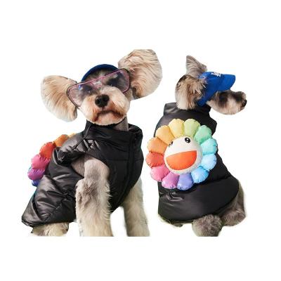 China Winter Stocked Pet Clothes Soft Coat Cat Down Coat Warm Dog Black Back Gear Decor Flower Dog Vest for sale