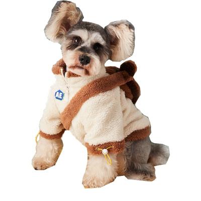 China Cute Stocked RTS Dog Coat Brown Winter Pet Clothes Warm Lambswool Dog Zipper Jacket With Bear Bag for sale