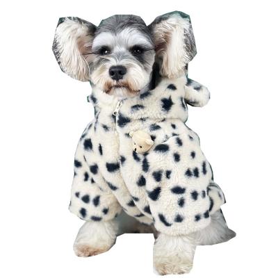 China Winter Stocked Coral Fleece Pet Coat Warm Dot Print Fashion Cat Jacket Dog Clothes With Hat for sale