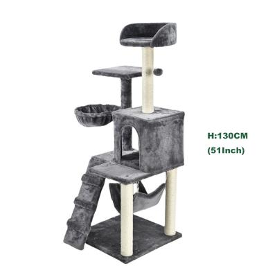 China Large Modern Wood Stocked Gray Floor To Ceiling Cat Tower Wood Cat Tree Multilevel Cat Tree Pet Toys Tall 51 Inch With Stair for sale