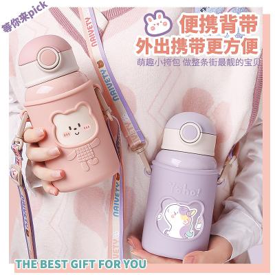 China Minimalist Creative Korean Children's 316 Stainless Steel Vacuum Flask Student Water Cup Straw Dual-Use Cute Strap Portable Cup for sale