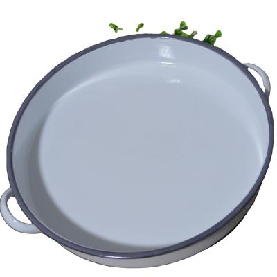 China Round Enamel Tray Serving Tray Houseware Diameter 30cm Fruit Tray With Handle for sale