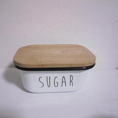 China Heatable Enamel Sugar Container Enamel Pie Dish, Enamel Food Bowl with Wooden Lid for sale