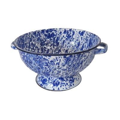 China Viable blue splashed enamel colander, enamel sieve for kitchen for sale