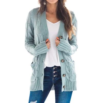 China Fall 2021 Women Designer Casual Anti-Wrinkle V Neck Pocket Long Sleeve Ladies Sweater With Front Buttons Cardigan Sweater Coat for sale