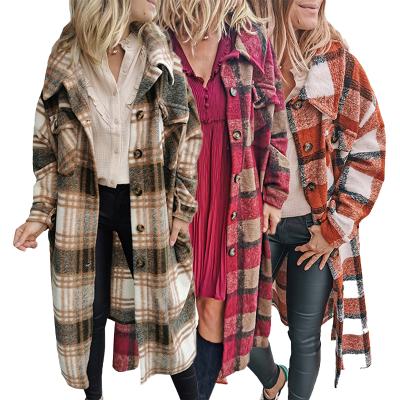 China Anti-wrinkle 2021 Fashion Women's Outwear Winter Overcoat Pocketed Grid Pattern Clothing Knit Long Cardigan Ditch Coat for sale