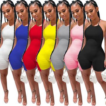 China 2021 Summer New Arrivals Breathable Casual Ribbed Halter One-Piece Backless Wom Overalls Women Clubwear Bodycon Shorts for sale