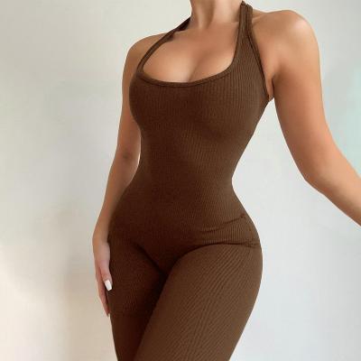 China Yoga Women's Tight Stretchab Backless Overalls Sports Suit Rib Knit Long Romper Casual Solid Color Suspender Anti-wrinkle for sale