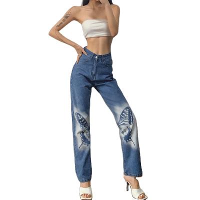 China 2021 viable autumn and winter new women's fashion high waist jeans slim casual women high leg straight popular printing pants for sale