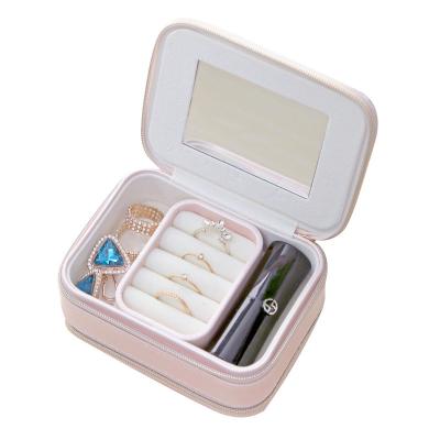 China Portable Double Zipper Jewelry Storage Box PU Leather Lipstick Makeup Box + Ring Earring Pillow Necklace Portable Jewelry Box for sale